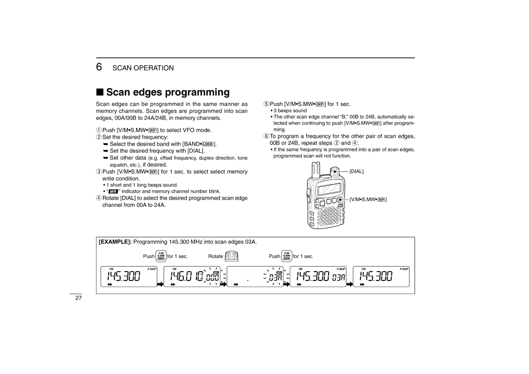 Icom IC-R5 instruction manual Scan edges programming, Example Programming 145.300 MHz into scan edges 03A 