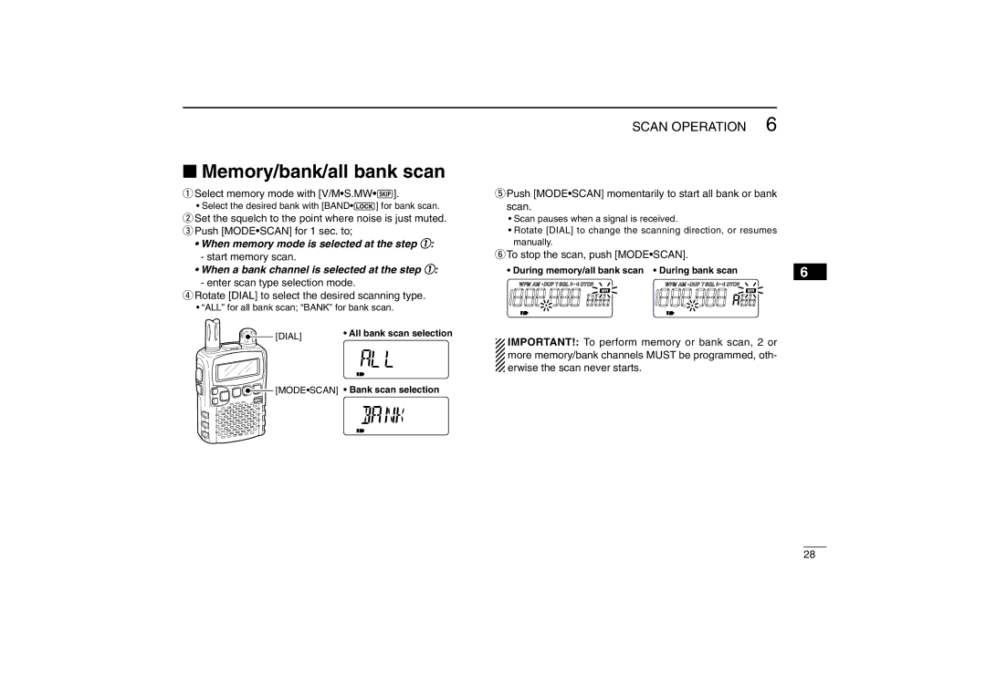 Icom IC-R5 instruction manual Memory/bank/all bank scan, Select memory mode with V/MS.MW~ 