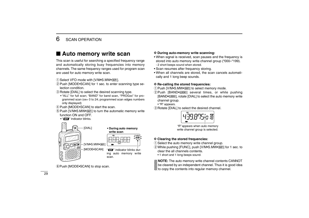 Icom IC-R5 instruction manual Auto memory write scan, During auto-memory write scanning, Re-calling the stored frequencies 