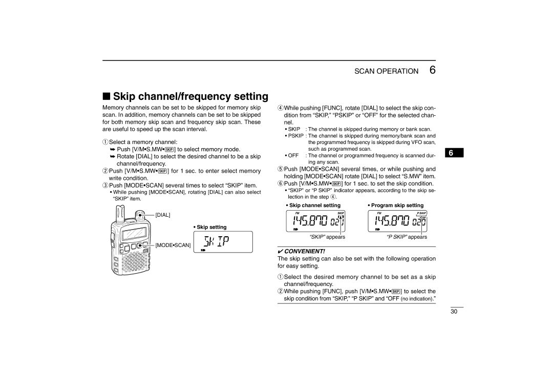 Icom IC-R5 instruction manual Skip channel/frequency setting, Nel 