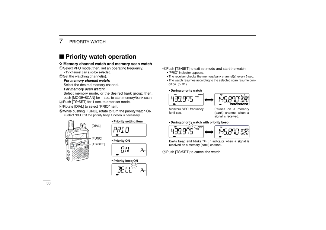 Icom IC-R5 Priority watch operation, Push Tsset to exit set mode and start the watch, Push Tsset to cancel the watch 