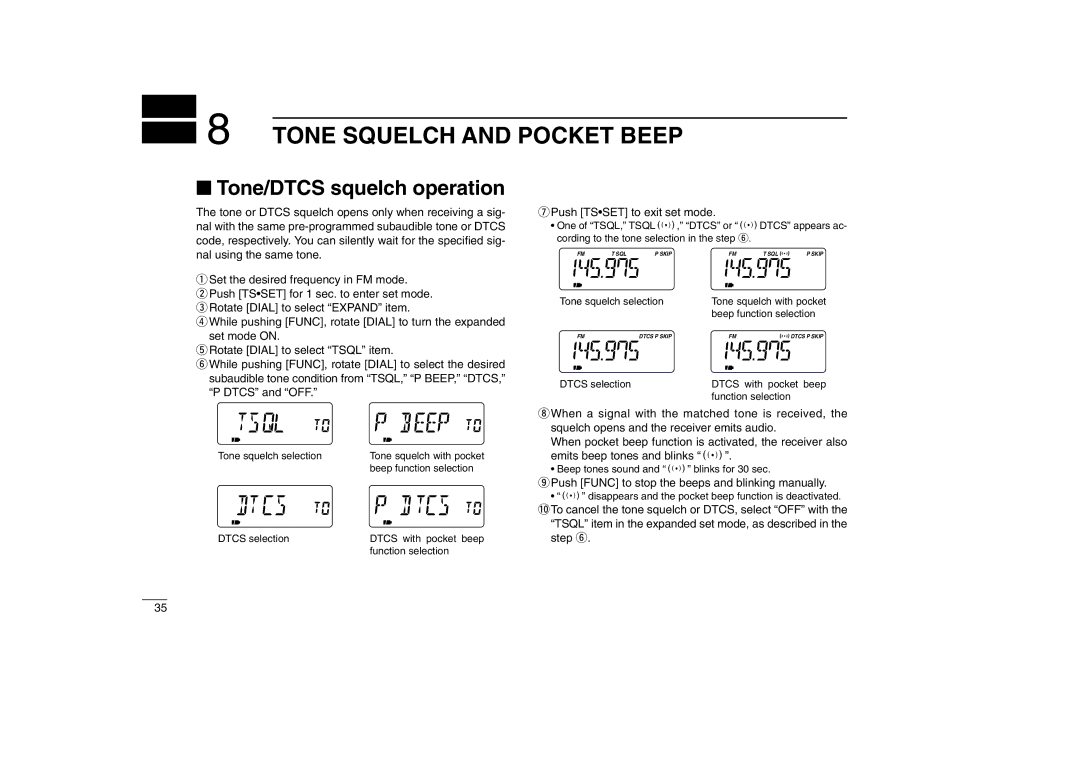 Icom IC-R5 Tone Squelch and Pocket Beep, Tone/DTCS squelch operation, OPush Func to stop the beeps and blinking manually 