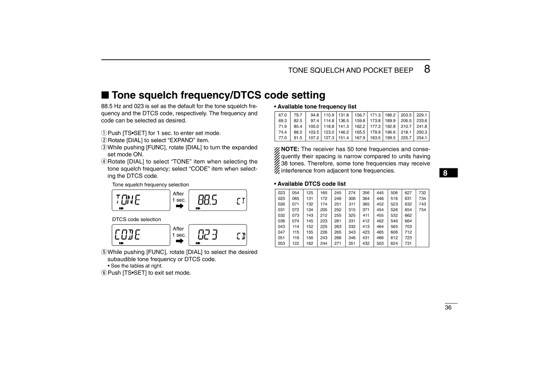 Icom IC-R5 Tone squelch frequency/DTCS code setting, Available tone frequency list, Available Dtcs code list 