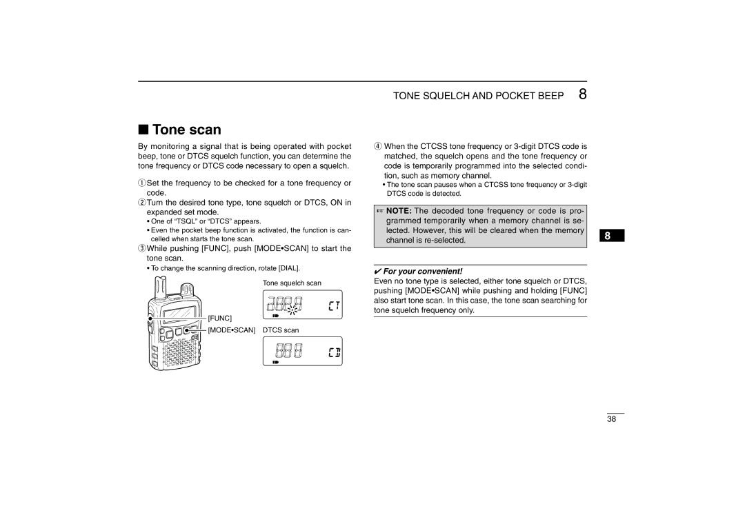 Icom IC-R5 instruction manual Tone scan, While pushing FUNC, push Modescan to start the tone scan 