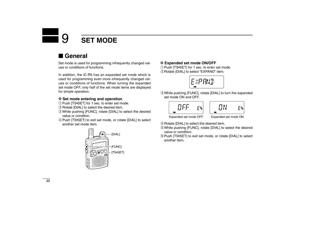 Icom IC-R5 instruction manual SET Mode, General, Set mode entering and operation, Expanded set mode ON/OFF 