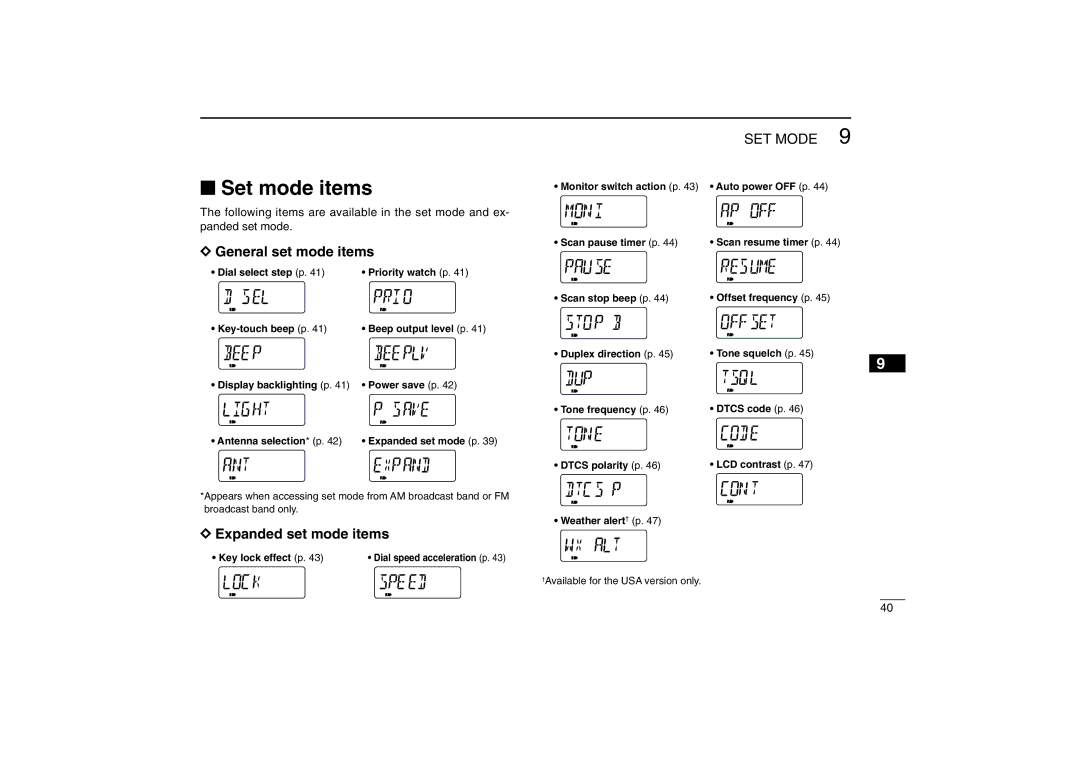 Icom IC-R5 instruction manual Set mode items, General set mode items, Expanded set mode items 