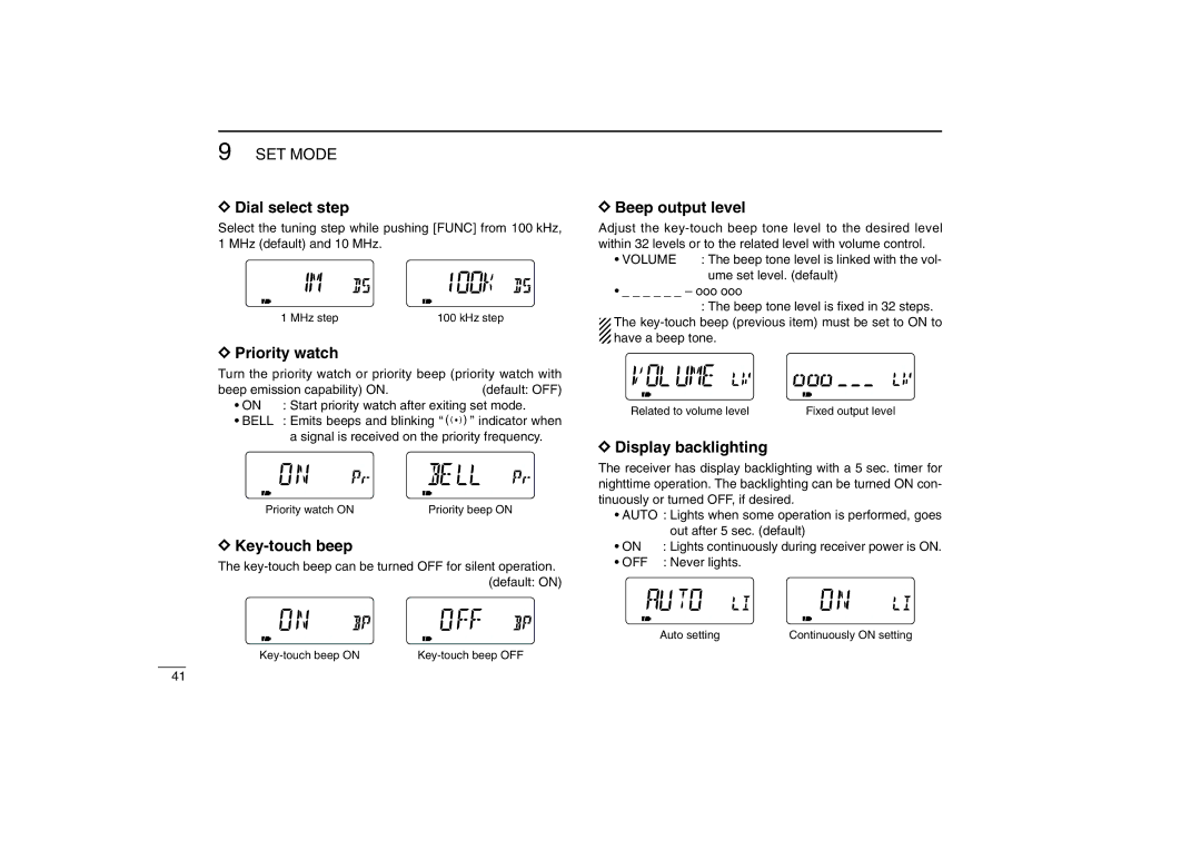 Icom IC-R5 instruction manual Dial select step, Priority watch, Key-touch beep, Beep output level, Display backlighting 