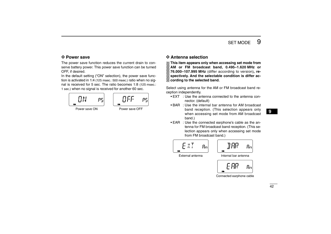 Icom IC-R5 instruction manual Power save, Antenna selection, MHz differ according to version, re 