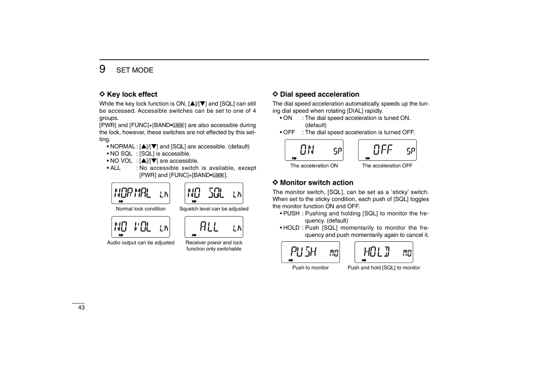 Icom IC-R5 Key lock effect, Dial speed acceleration, Monitor switch action, No accessible switch is available, except 