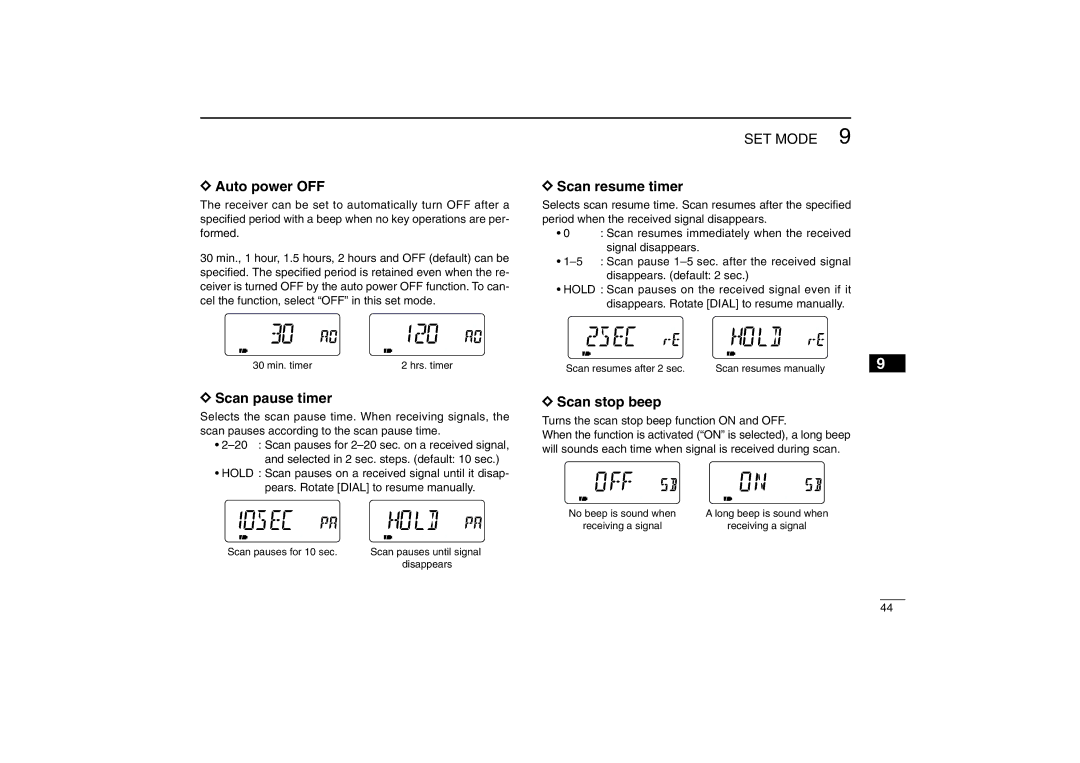 Icom IC-R5 instruction manual Auto power OFF, Scan pause timer, Scan resume timer, Scan stop beep 