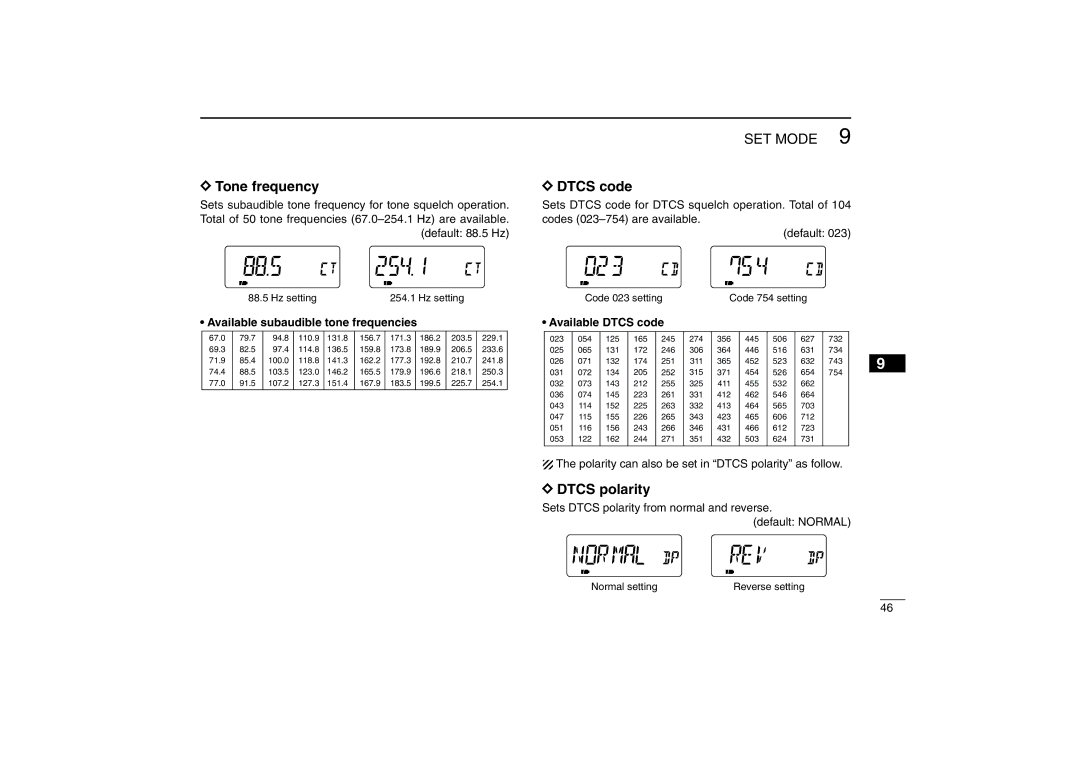 Icom IC-R5 DTone frequency Ddtcs code, Dtcs polarity, Available subaudible tone frequencies, Available Dtcs code 