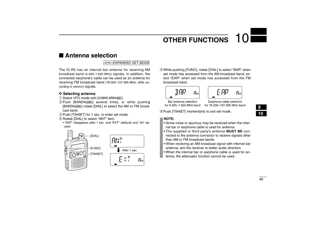 Icom IC-R5 instruction manual Other Functions, Antenna selection, Selecting antenna 