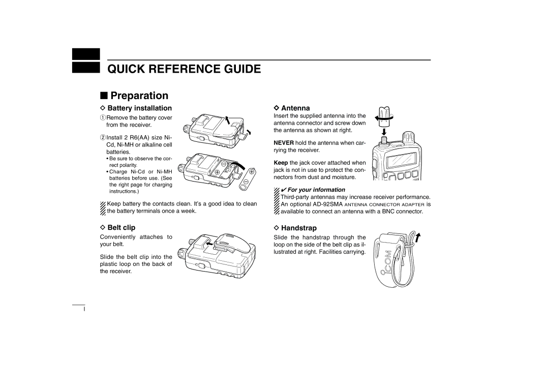 Icom IC-R5 instruction manual Quick Reference Guide, Preparation, Battery installation, Belt clip 