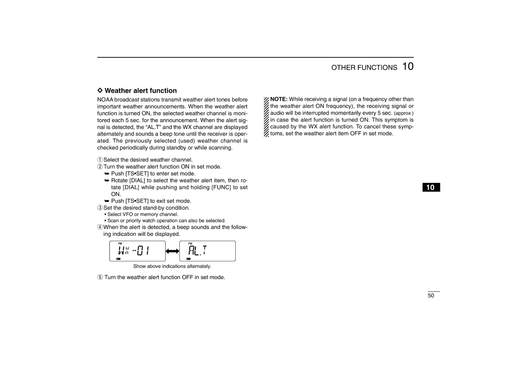 Icom IC-R5 instruction manual Weather alert function, Turn the weather alert function OFF in set mode 