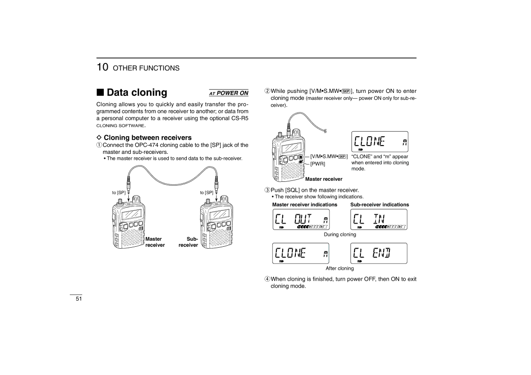 Icom IC-R5 instruction manual Cloning between receivers, Push SQL on the master receiver 