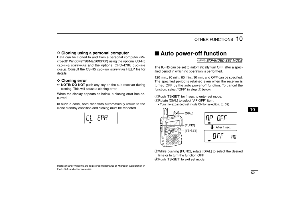 Icom IC-R5 instruction manual Auto power-off function, Cloning using a personal computer, Cloning error 