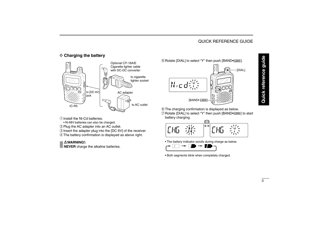 Icom IC-R5 Rotate Dial to select Y then push Band, Charging conﬁrmation is displayed as below, Install the Ni-Cd batteries 