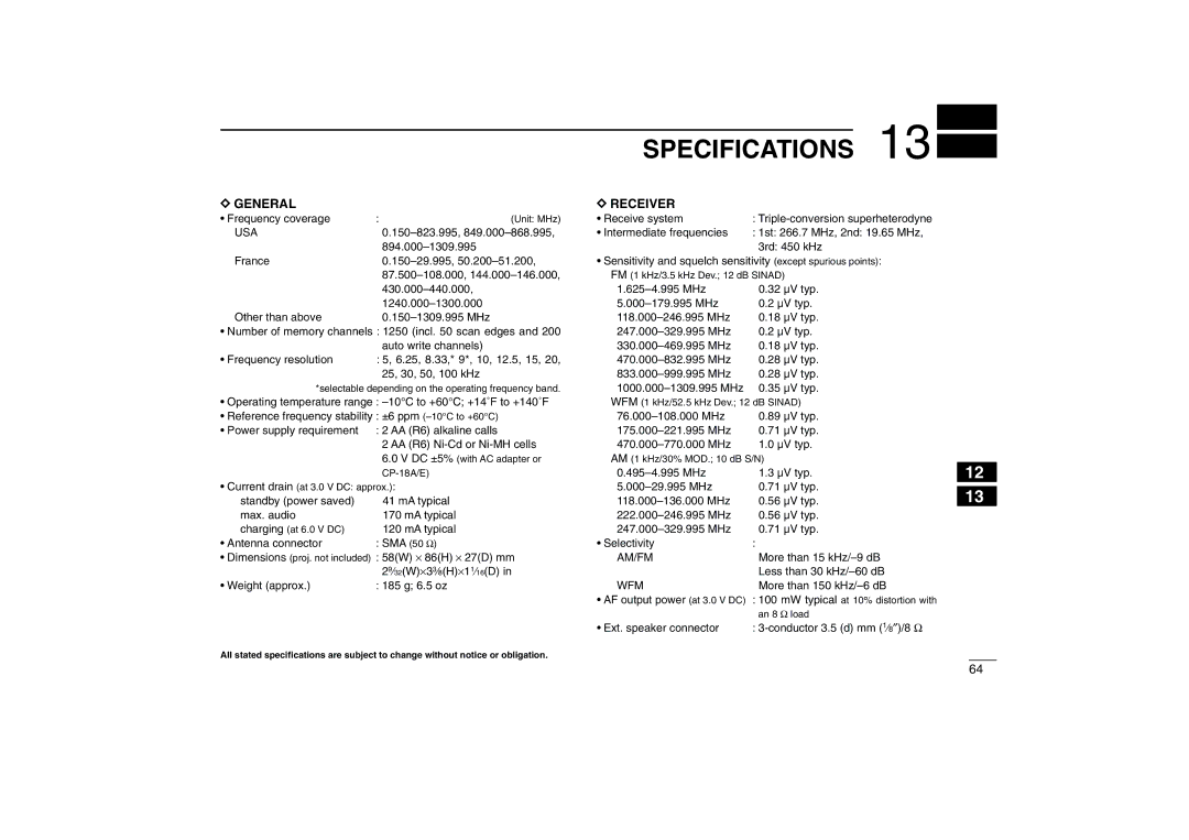 Icom IC-R5 instruction manual Specifications, Dgeneral 