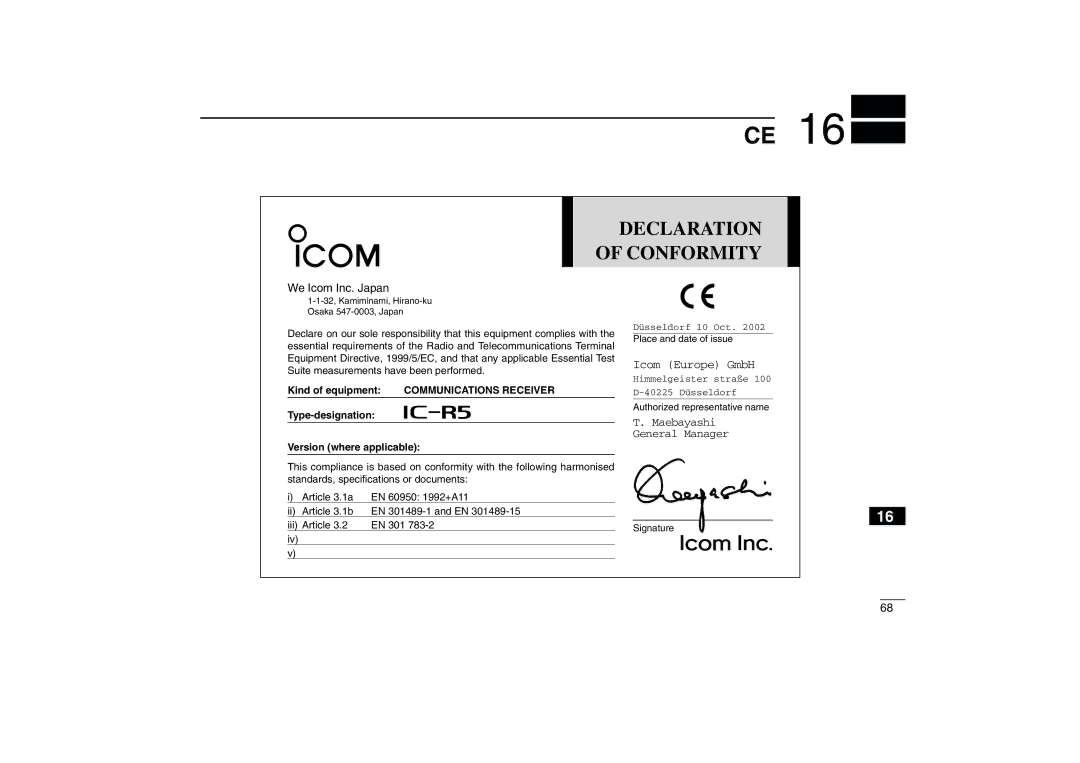 Icom IC-R5 instruction manual Declaration Conformity, We Icom Inc. Japan 