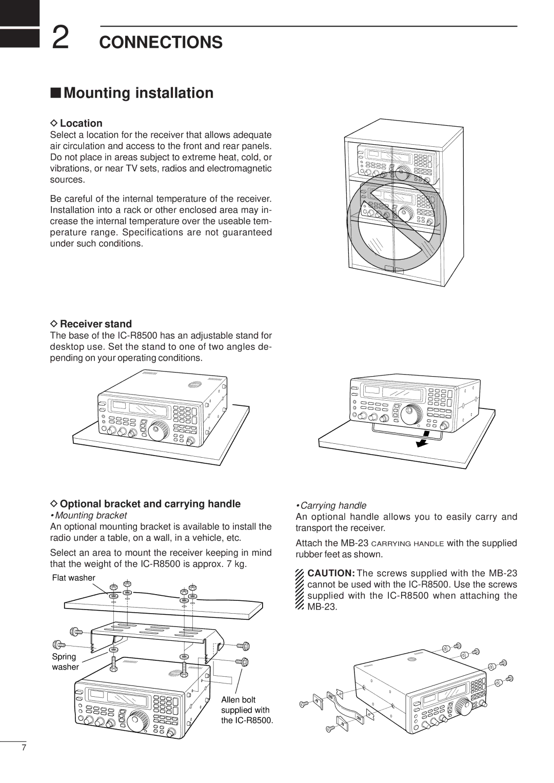 Icom IC-R8500 Connections, Mounting installation, Location, Receiver stand, Optional bracket and carrying handle 