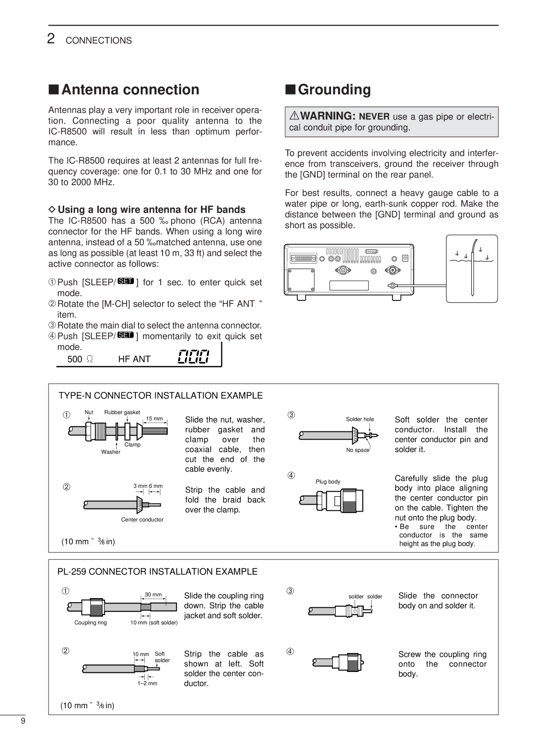 Icom IC-R8500 Antenna connection Grounding, Using a long wire antenna for HF bands, TYPE-N Connector Installation Example 