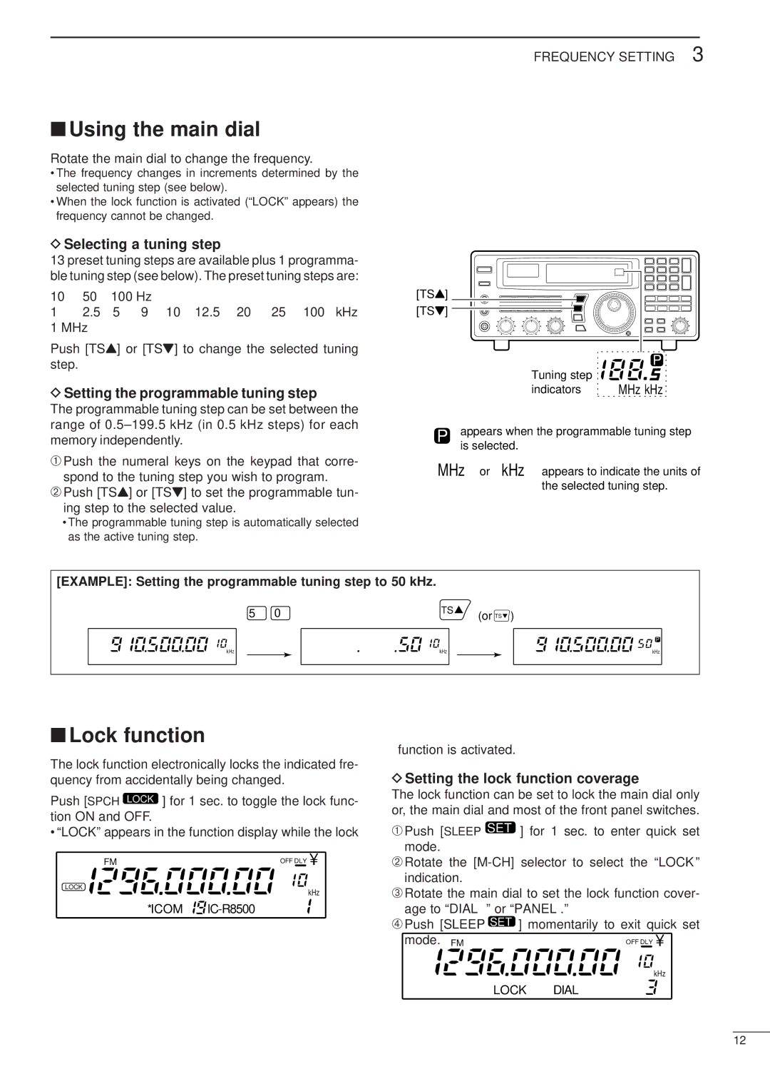 Icom IC-R8500 Using the main dial, Lock function, Selecting a tuning step, Setting the programmable tuning step 