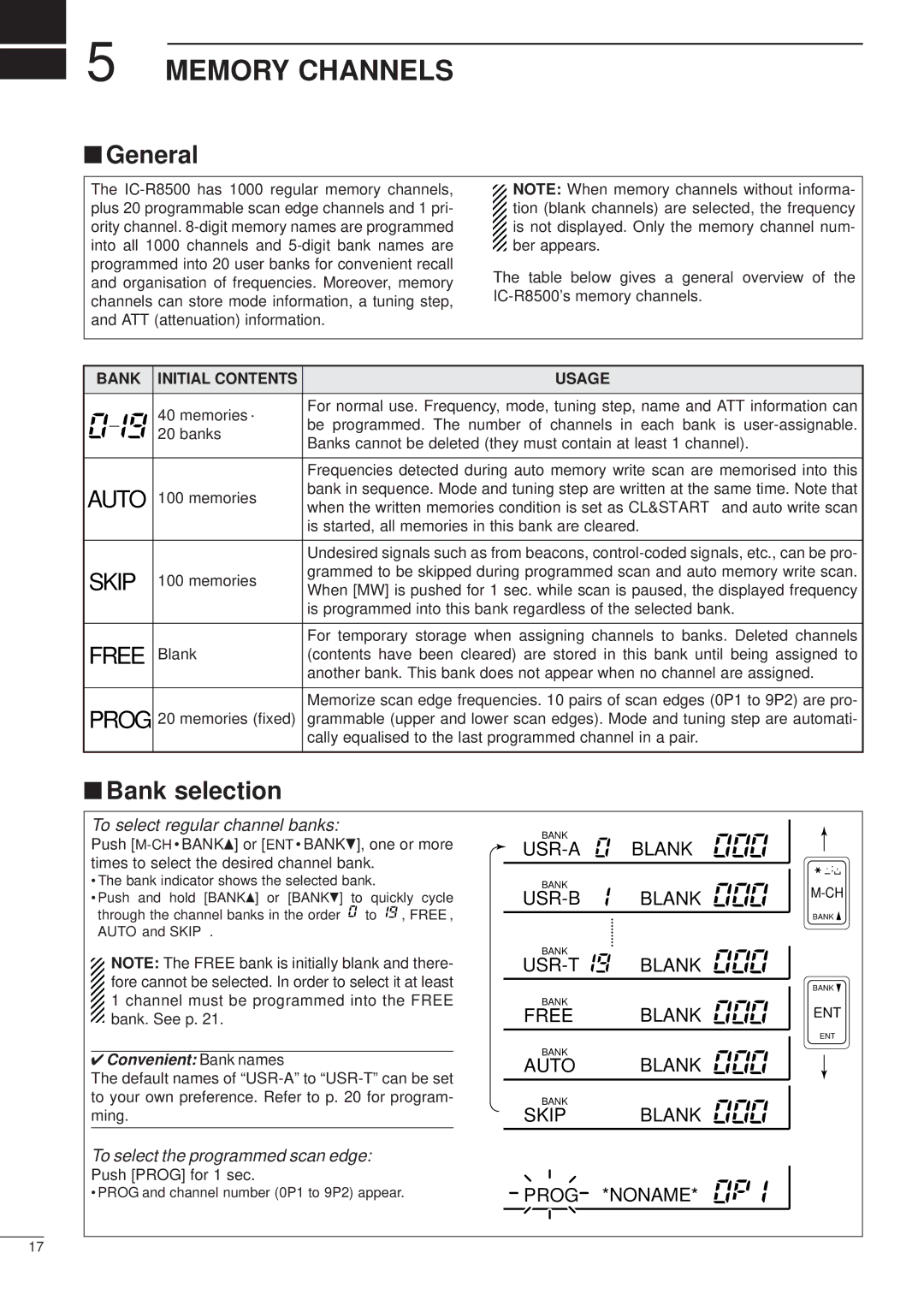 Icom IC-R8500 instruction manual Memory Channels, General, Bank selection, Bank Initial Contents Usage 