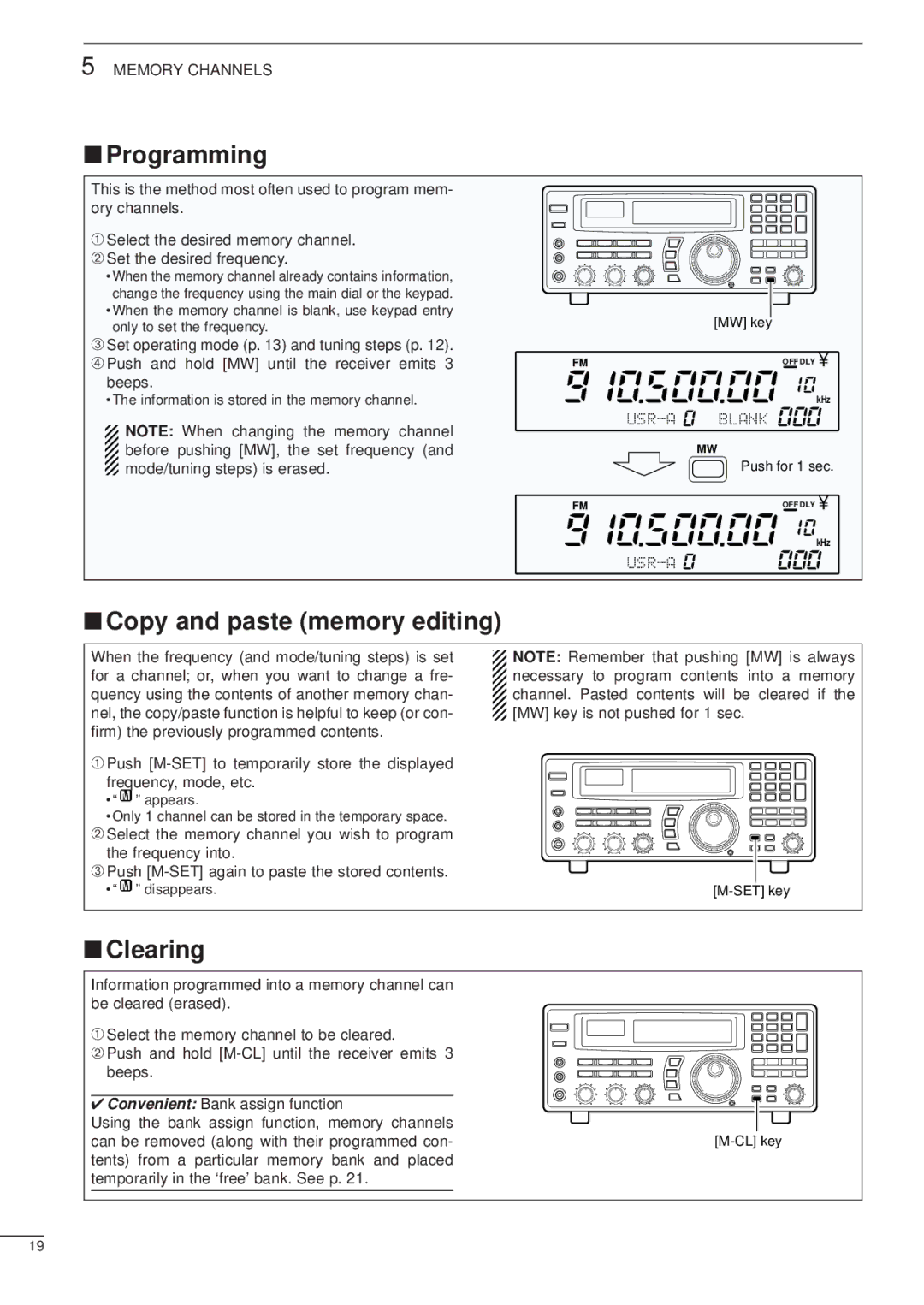 Icom IC-R8500 instruction manual Programming, Copy and paste memory editing, Clearing 