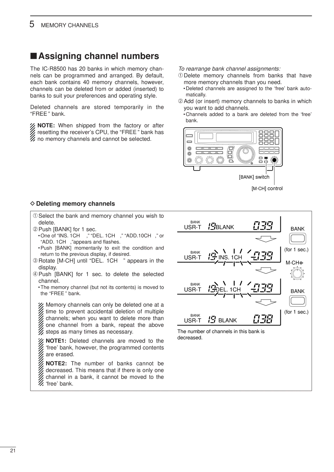 Icom IC-R8500 instruction manual Assigning channel numbers, Deleting memory channels, To rearrange bank channel assignments 