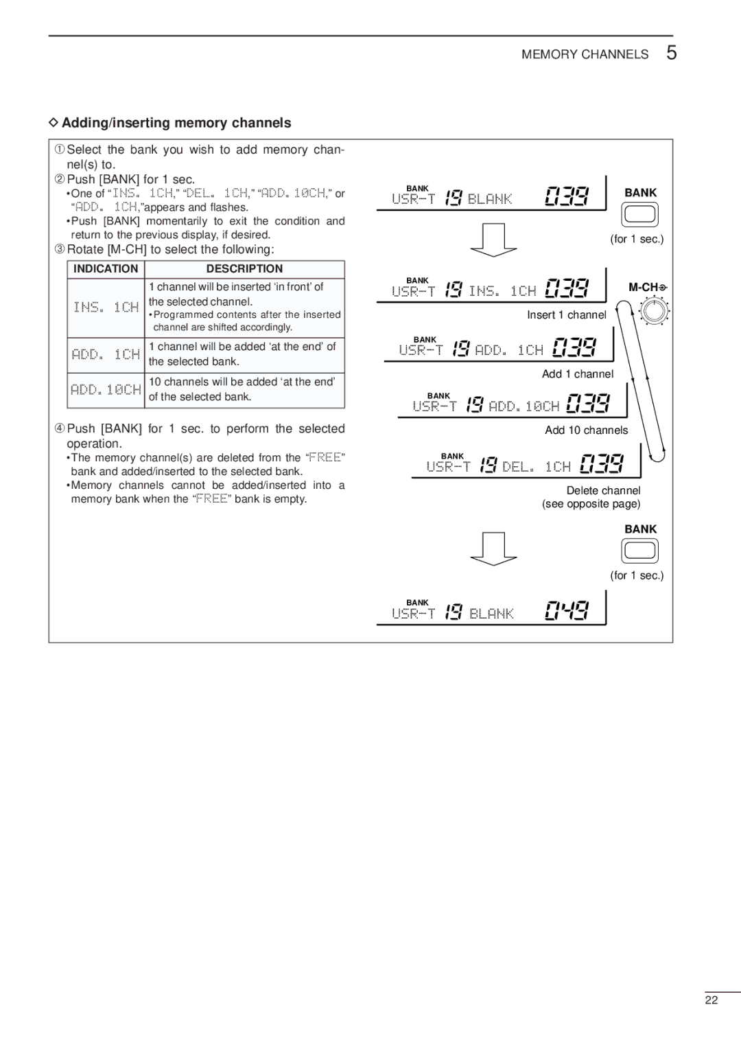 Icom IC-R8500 instruction manual Adding/inserting memory channels, ➂ Rotate M-CH to select the following 