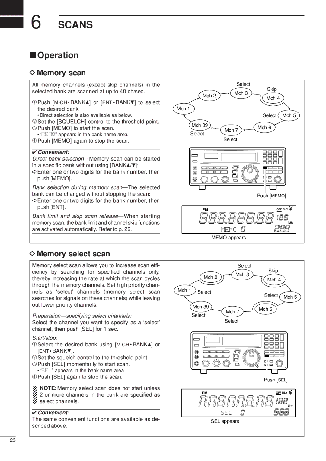 Icom IC-R8500 instruction manual Scans, Operation, Memory scan, Memory select scan 