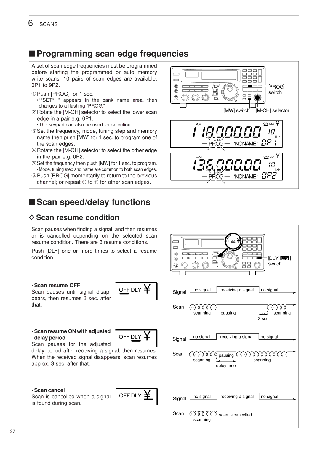 Icom IC-R8500 Programming scan edge frequencies, Scan speed/delay functions, Scan resume condition, Off Dly ∞ 