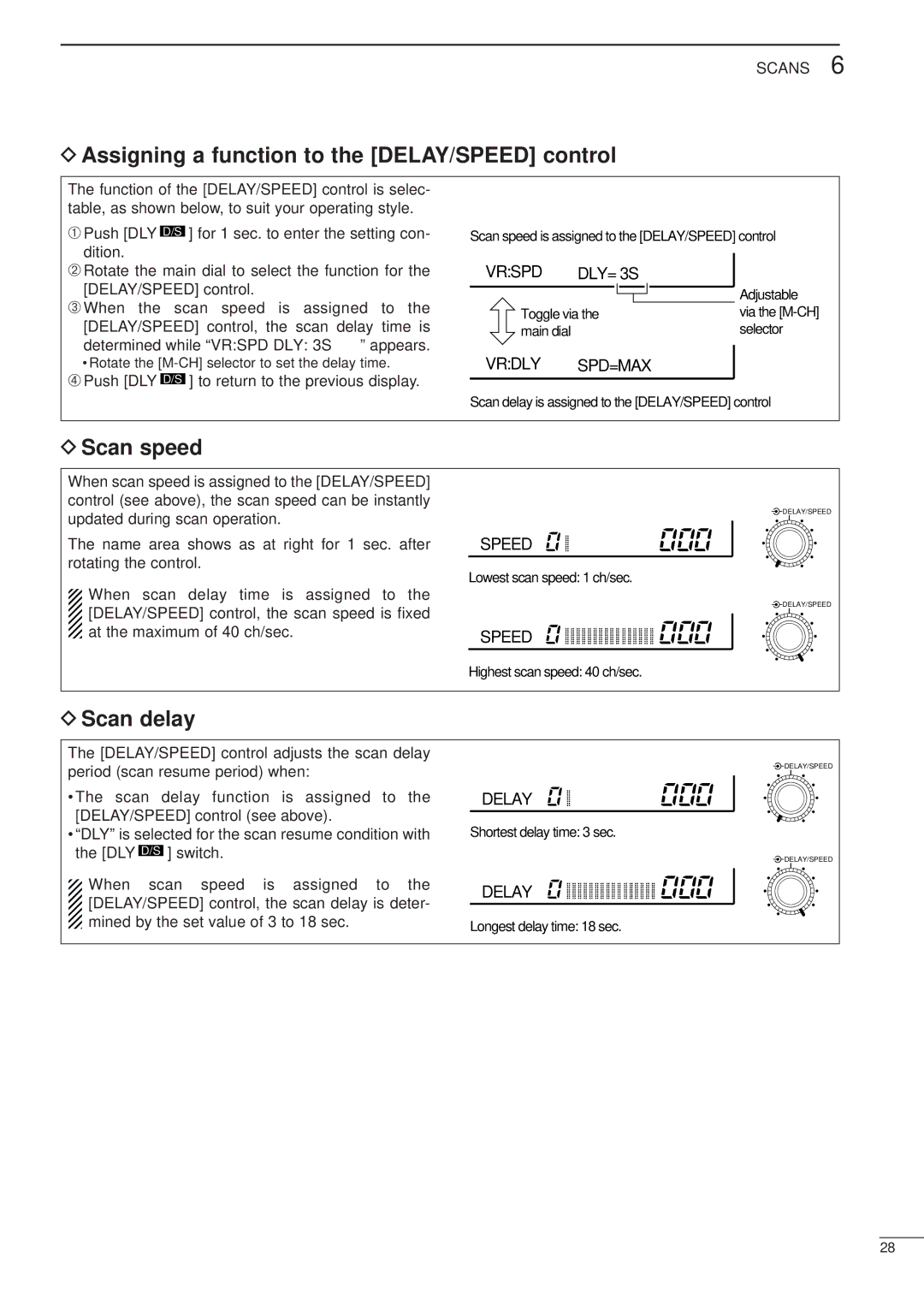 Icom IC-R8500 instruction manual Assigning a function to the DELAY/SPEED control, Scan speed, Scan delay 