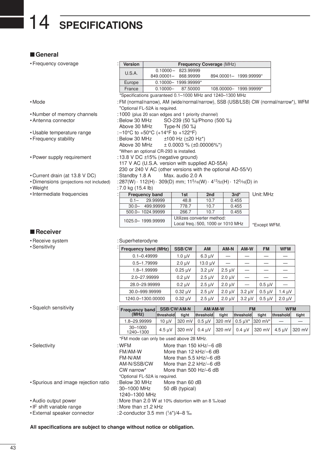 Icom IC-R8500 instruction manual Specifications, General, Receiver 