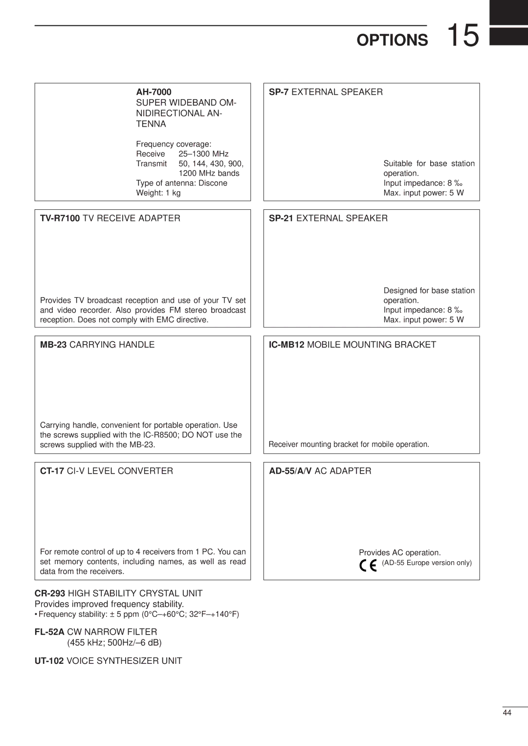 Icom IC-R8500 instruction manual Options, AH-7000, FL-52ACW Narrow Filter 455 kHz 500Hz/-6 dB, AD-55/A/V AC Adapter 