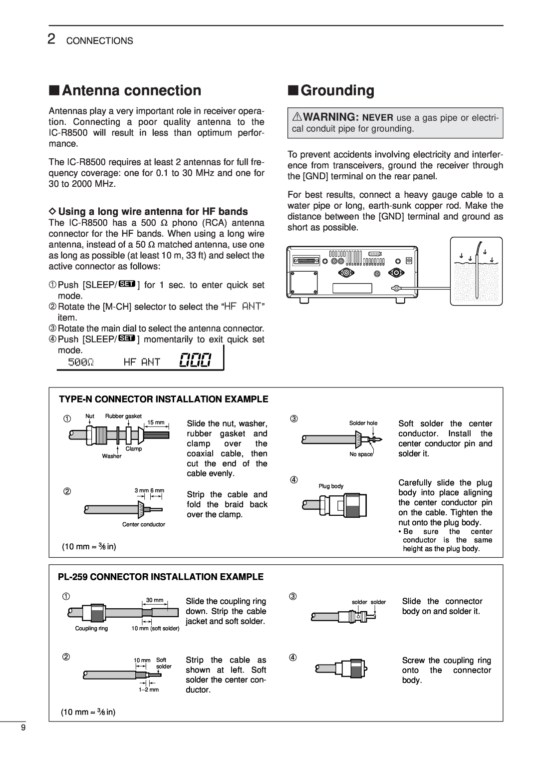 Icom IC-R8500 instruction manual Antenna connection, Grounding, D Using a long wire antenna for HF bands 