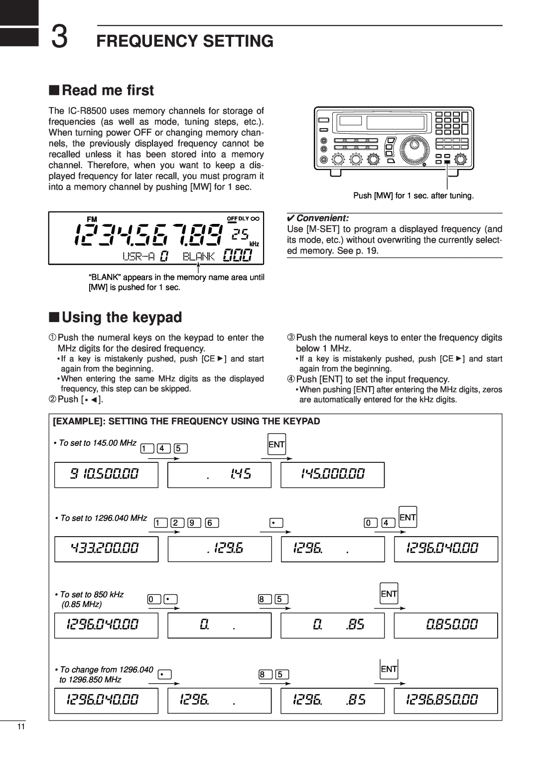 Icom IC-R8500 Frequency Setting, Read me ﬁrst, Using the keypad, Example Setting The Frequency Using The Keypad 
