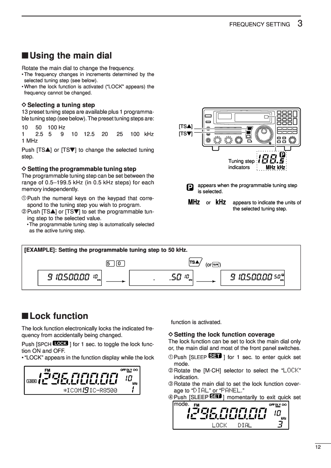 Icom IC-R8500 Using the main dial, Lock function, D Selecting a tuning step, D Setting the programmable tuning step 