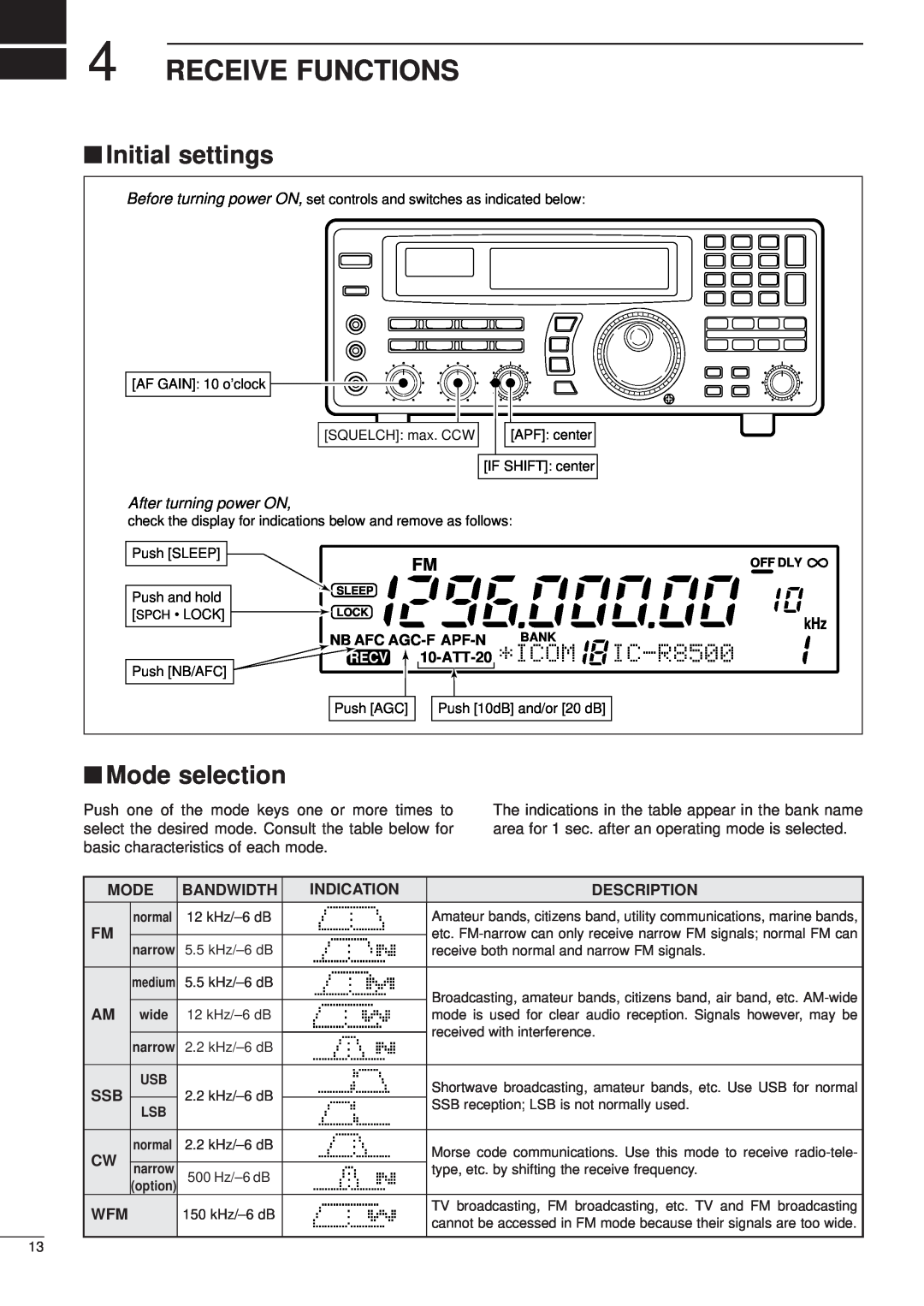 Icom IC-R8500 Receive Functions, Initial settings, Mode selection, After turning power ON, Nb Afc Agc-F Apf-N, ATT-20 