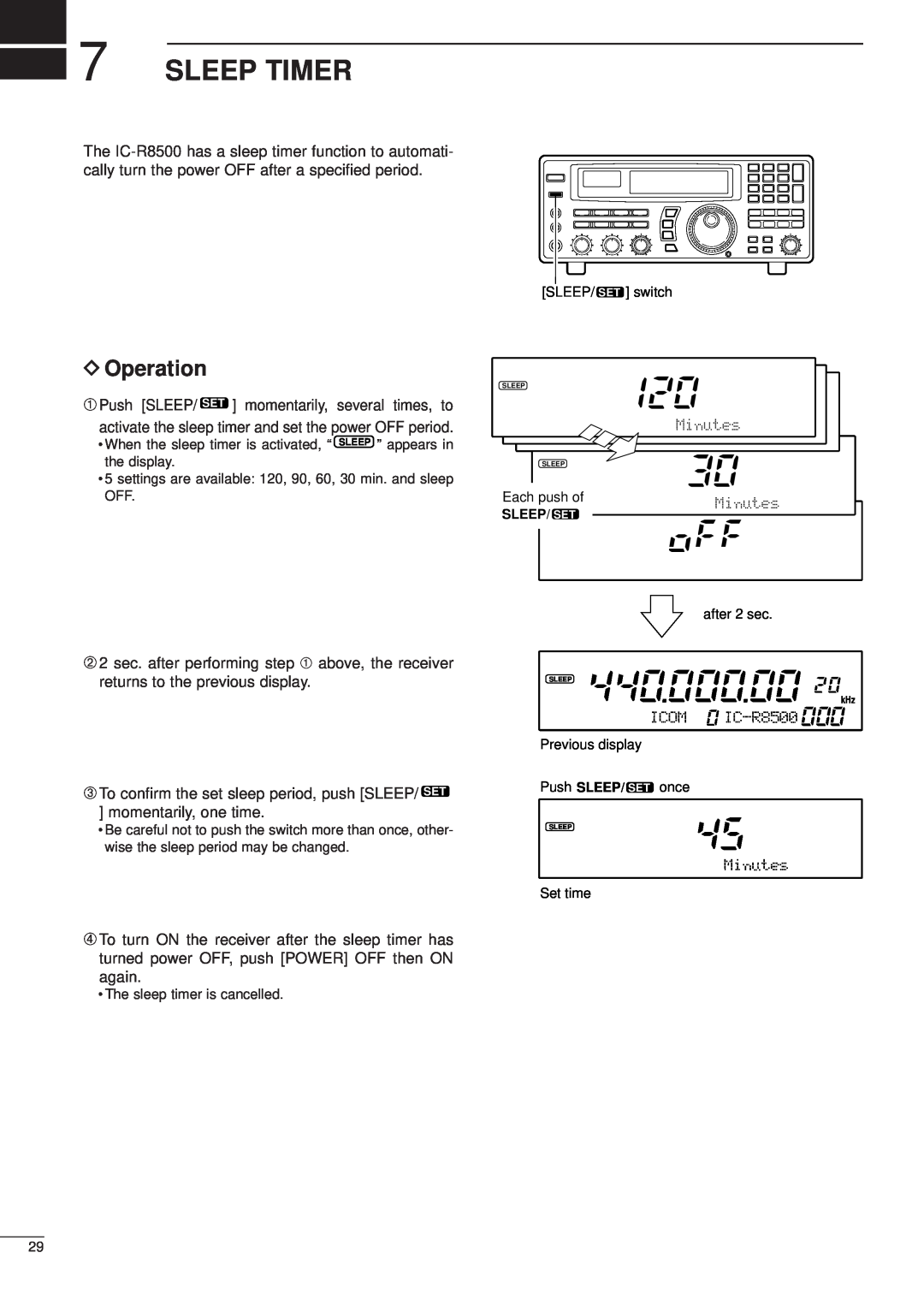 Icom IC-R8500 instruction manual Sleep Timer, D Operation 