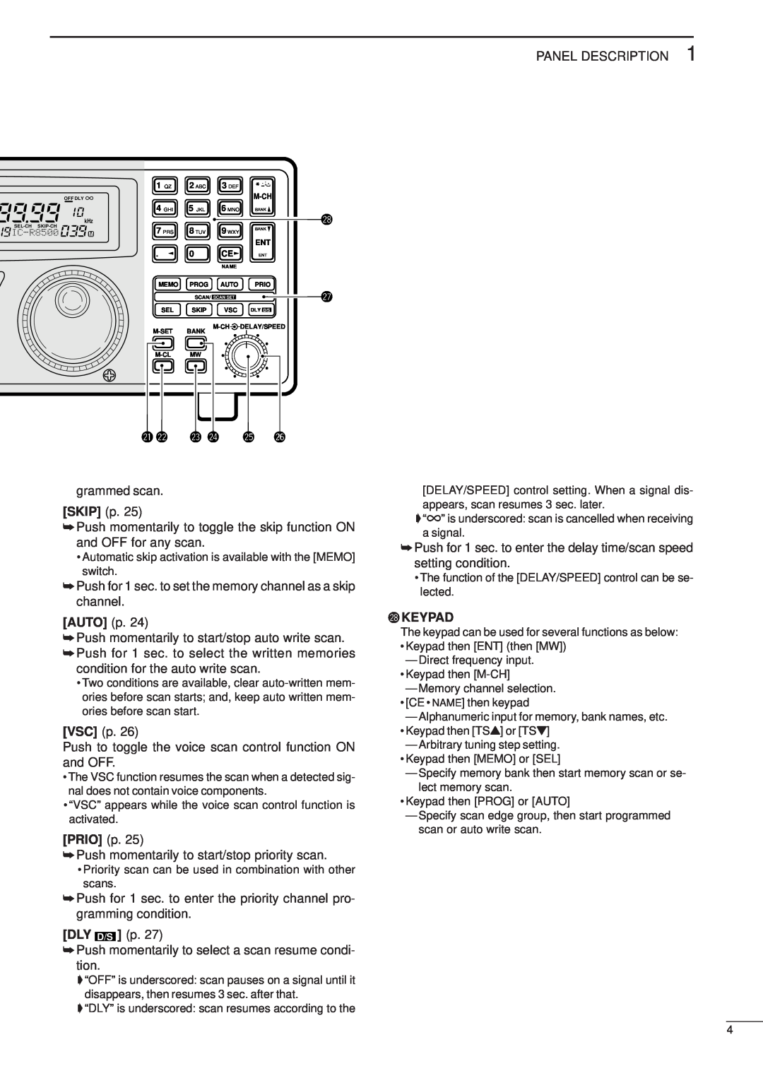 Icom IC-R8500 instruction manual SKIP p, AUTO p, PRIO p, DLY D/S p, @8KEYPAD 