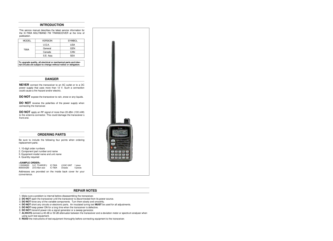 Icom IC-T90A manual Introduction, Ordering Parts, Repair Notes, Sample Order 