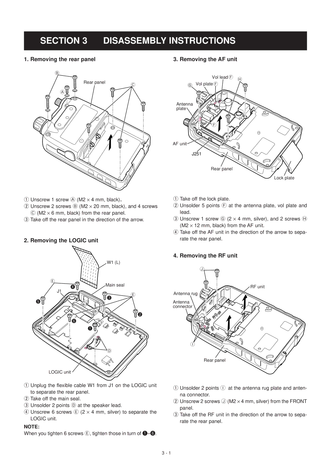 Icom IC-T90A manual Disassembly Instructions, Removing the rear panel Removing the AF unit 