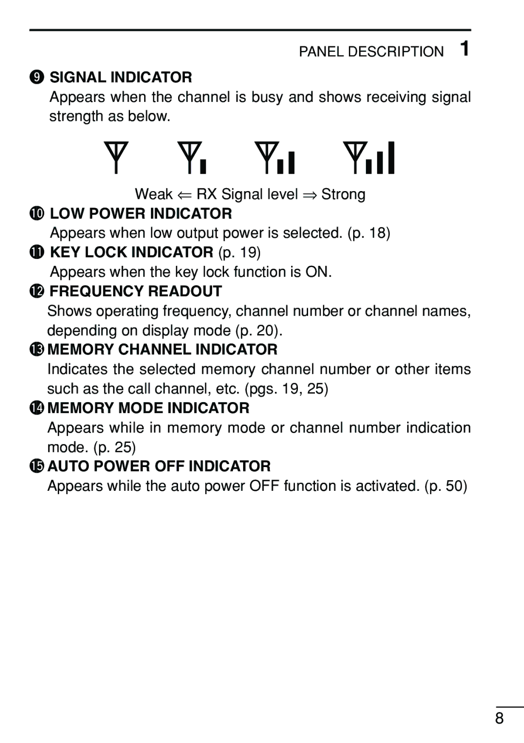 Icom IC-V8 instruction manual Signal Indicator, 0LOW Power Indicator 