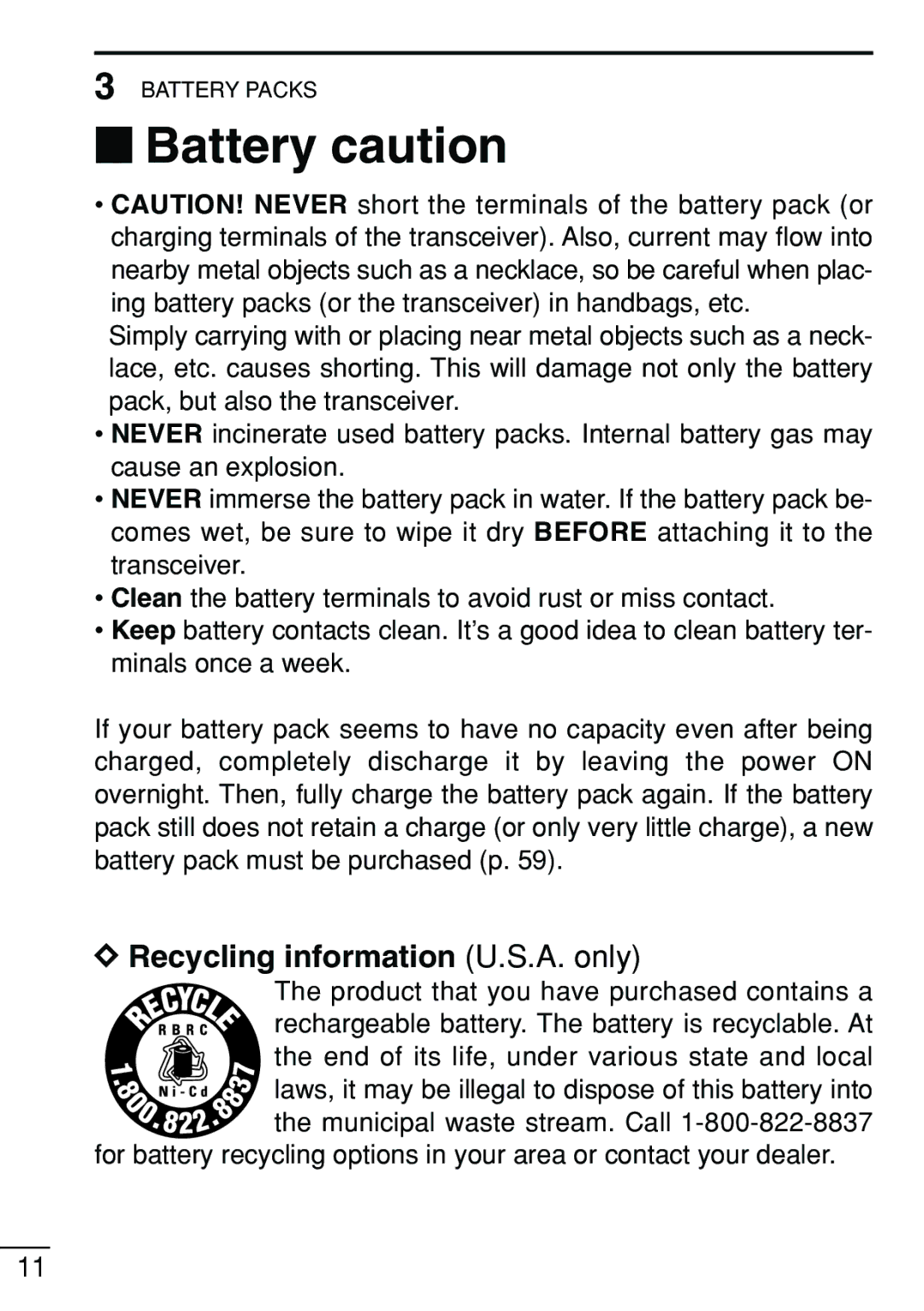 Icom IC-V8 instruction manual ‘ Battery caution, Recycling information U.S.A. only 