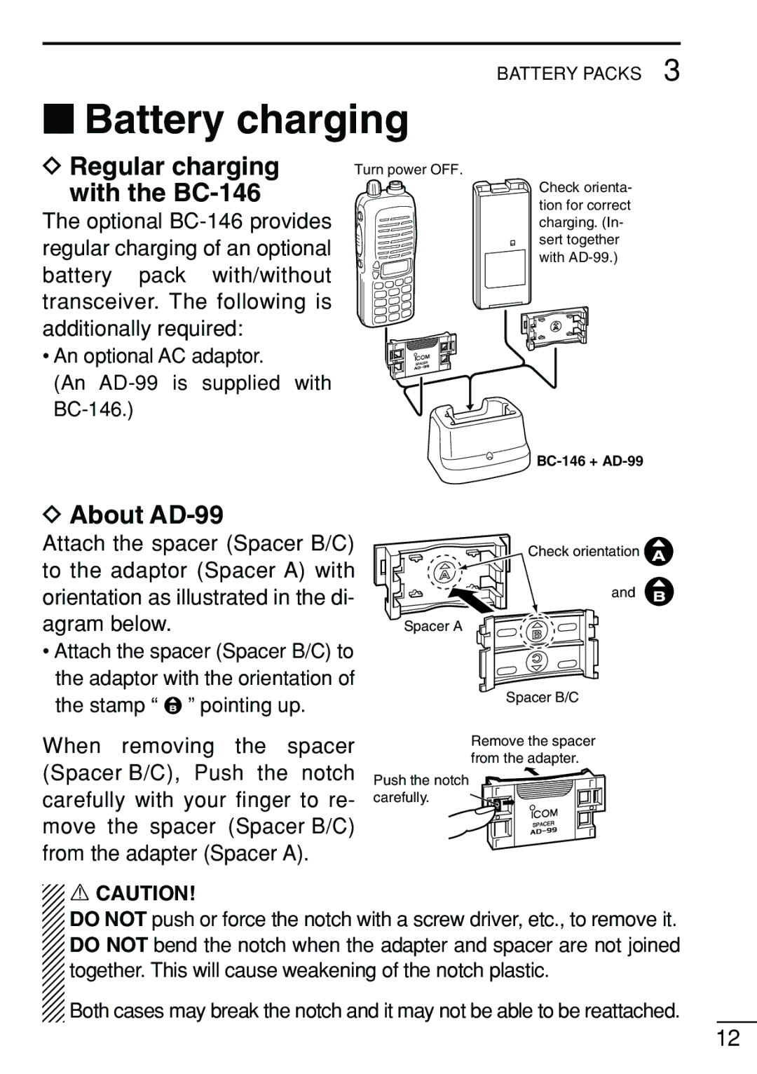 Icom IC-V8 instruction manual ‘ Battery charging, DRegular charging, With the BC-146, About AD-99 