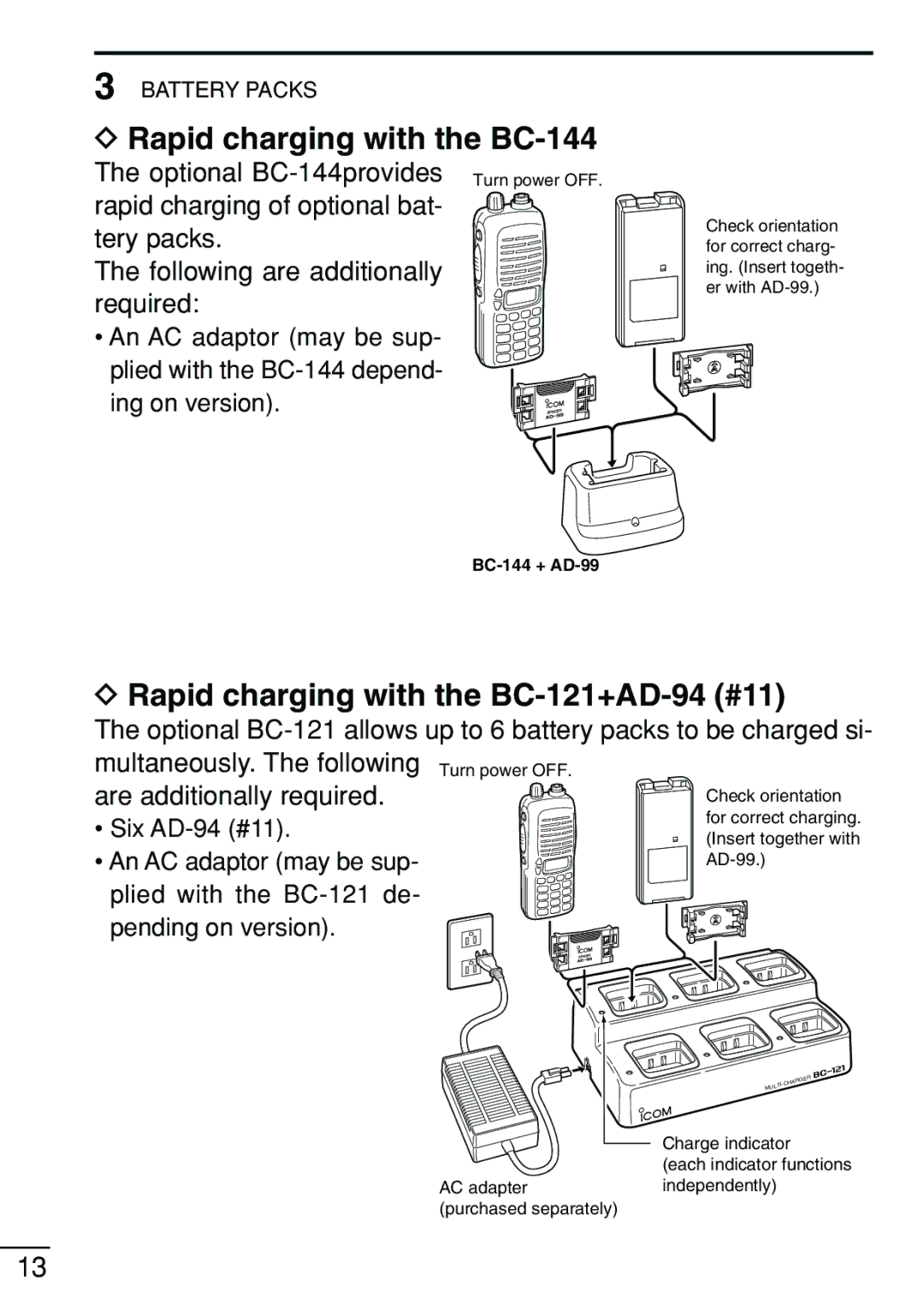 Icom IC-V8 instruction manual Rapid charging with the BC-144, Rapid charging with the BC-121+AD-94 #11 