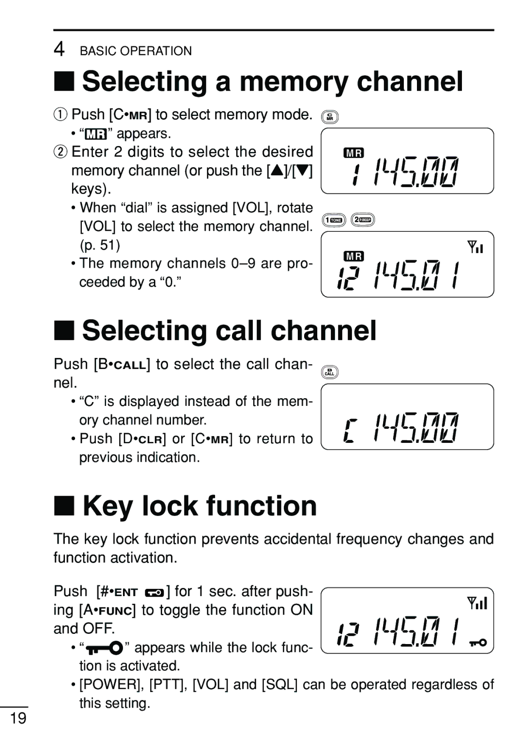 Icom IC-V8 instruction manual Selecting a memory channel, Selecting call channel, Key lock function 