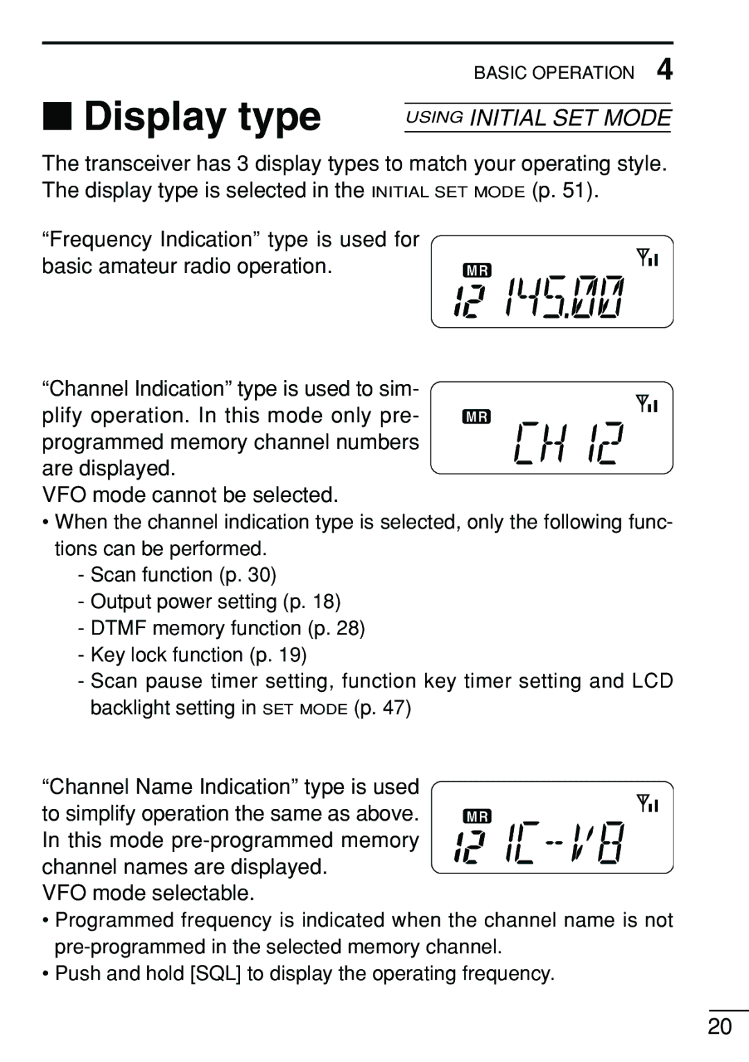 Icom IC-V8 instruction manual Display type, Using Initial SET Mode 