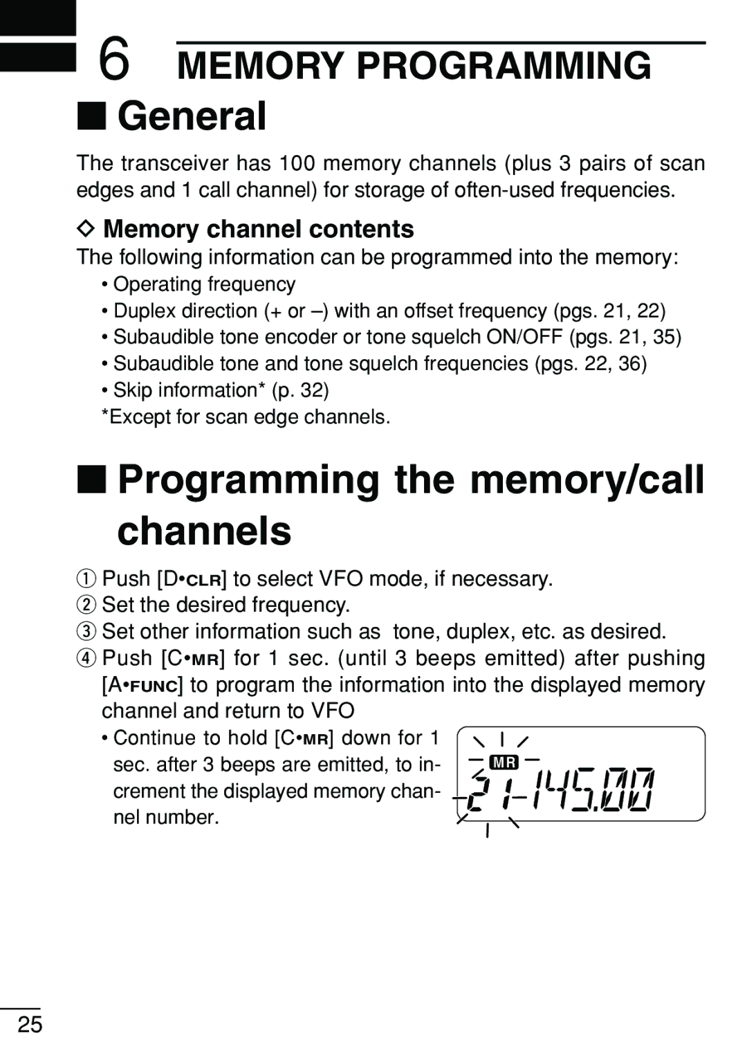 Icom IC-V8 instruction manual Programming the memory/call Channels, Memory channel contents 